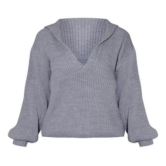 PLT • Grey V Neck Collar Detail Balloon Sleeve Sweatshirt - Picture 3 of 9